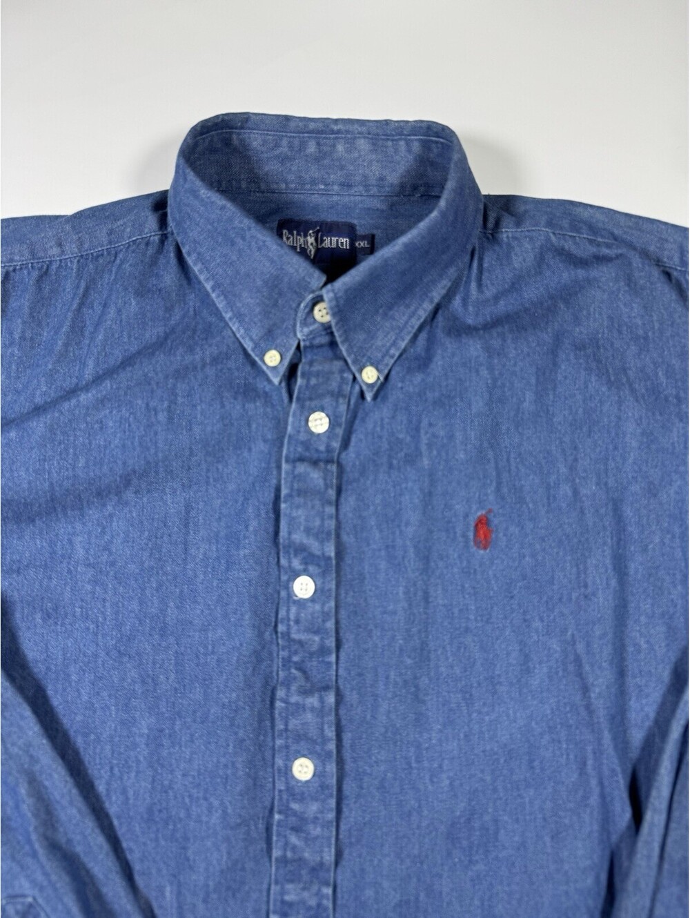 Vintage Polo Ralph Lauren XXL Blue Chambray Shirt Red Pony Made Hong Kong